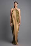 Amit Aggarwal_Beige Chiffon Plain Halter Draped Dress  _Online_at_Aza_Fashions