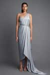 Buy_Amit Aggarwal_Grey Chiffon Plain Sweetheart Neck Pre-draped Saree With Bustier  _at_Aza_Fashions