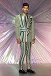 Buy_Amit Aggarwal_Green Satin Crepe Striped Starburst Metallic Tuxedo And Pant Set _at_Aza_Fashions