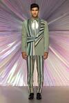 Amit Aggarwal_Green Satin Crepe Striped Starburst Metallic Tuxedo And Pant Set _Online_at_Aza_Fashions