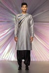 Buy_Amit Aggarwal_Grey Silk Chanderi Striped Metallic Starburst Yoke Kurta  _at_Aza_Fashions