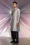 Amit Aggarwal_Grey Silk Chanderi Striped Metallic Starburst Yoke Kurta  _Online_at_Aza_Fashions