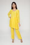 Bha Sha_Yellow Chanderi, Satin Mirrors Round Neck Embroidered Kurta Set _Online_at_Aza_Fashions