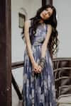 Buy_Paulmi and Harsh_Grey Chiffon Printed Maxi Dress With Full Sleeves_at_Aza_Fashions