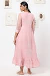 Shop_KAVERI_Pink Linen Applique Pearl Detail Round Midi Dress  _at_Aza_Fashions