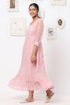 KAVERI_Pink Linen Applique Pearl Detail Round Midi Dress  _Online_at_Aza_Fashions