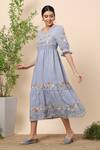 Buy_Kaveri_Blue Linen Thread Round Midi Dress _Online_at_Aza_Fashions