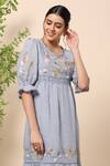 Kaveri_Blue Linen Thread Round Midi Dress _at_Aza_Fashions