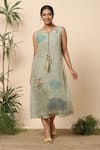 Buy_KAVERI_Green Linen And Embroidery Leaf & Thread Notched Midi Dress  _at_Aza_Fashions