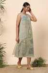 KAVERI_Green Linen And Embroidery Leaf & Thread Notched Midi Dress  _Online_at_Aza_Fashions