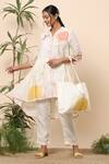 Buy_Kaveri_White Linen Leaf Print And Thread V Neck Kurta & Pant Set_Online_at_Aza_Fashions