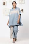 Buy Kaveri Blue Linen Embellishment Studs Collared Neck Top And Pant Set at Aza Fashions Buy_Kaveri_Blue Linen Embellishment Studs Collared Neck Top And Pant Set _at_Aza_Fashions