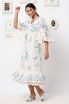 Buy_Kaveri_White Linen Floral V Neck Midi Dress _at_Aza_Fashions