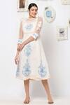 Buy_KAVERI_White Linen Print Floral High Neck Midi Dress  _at_Aza_Fashions