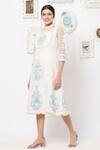 KAVERI_White Linen Print Floral High Neck Midi Dress  _Online_at_Aza_Fashions