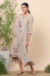 Kaveri_Brown Linen Crystals Round Layered Dress _Online_at_Aza_Fashions