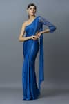 Shop_Astha Batra_Blue Satin Georgette Embroidered Sequin One Pleated Draped Saree Gown  _at_Aza_Fashions