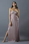 Buy_Astha Batra_Pink Satin Georgette Plain Halter Neck Waterfall Pleated Draped Gown  _at_Aza_Fashions