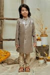 Buy_All Boy Couture_Brown Cotton Silk Handwoven Thread Work Sequin Achkan And Pajama Set  _at_Aza_Fashions