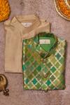 Shop_All Boy Couture_Green Chanderi, , Satin Sequins Geometric Bundi Kurta Set _at_Aza_Fashions