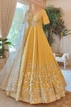 Buy_Abhinav Mishra_Yellow Leaf Neck Mirror Embellished Anarkali With Dupatta _at_Aza_Fashions