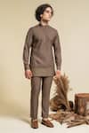 Abkasa_Brown Terry Rayon Gold Zari Mandarin Collar Kurta And Trouser Set  _Online_at_Aza_Fashions