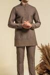 Buy_Abkasa_Brown Terry Rayon Gold Zari Mandarin Collar Kurta And Trouser Set  _Online_at_Aza_Fashions