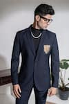 Buy_Abkasa_Blue Terrycloth Embroidery Hoodoos Patch Pocket Coat And Trouser Set _Online_at_Aza_Fashions