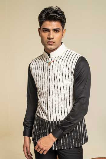 Buy_Abkasa_Black Rayon Embroidery And Ivory Bundi _Online_at_Aza_Fashions