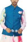 Nitesh Singh Chauhan_Blue Giza Cotton Bundi With Printed Kurta Set_at_Aza_Fashions
