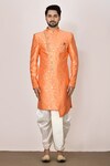Samyukta Singhania_Orange Sherwani Jacquard Woven Geometric Dhoti Pant Set_Online_at_Aza_Fashions