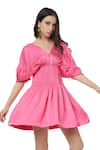 Buy_Ankita_Pink Slub Satin V Neck Judy Empire Smocked Waist Dress  _at_Aza_Fashions