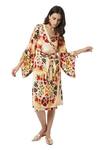 Buy_Ankita_Beige Slub Satin V Neck Mallorca Floral Print Wrap Dress  _Online_at_Aza_Fashions