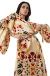 Shop_Ankita_Beige Slub Satin V Neck Mallorca Floral Print Wrap Dress  _Online_at_Aza_Fashions