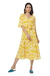 Ankita_Yellow Slub Satin V Neck Sally Printed Top And Skirt Set  _Online_at_Aza_Fashions