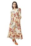 Buy_Ankita_Beige Cotton V Neck Aruba Floral Print Midi Dress  _at_Aza_Fashions