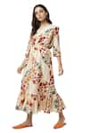 Ankita_Beige Cotton V Neck Aruba Floral Print Midi Dress  _Online_at_Aza_Fashions