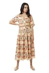 Buy_Ankita_Beige Slub Satin V Neck Floral Print Midi Dress  _at_Aza_Fashions