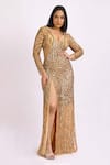 Buy_Ambrosia_Gold V Neck Sequin Embroidered Gown_Online_at_Aza_Fashions