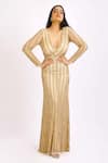 Buy_Ambrosia_Gold V Neck Sequin Embroidered Gown_Online_at_Aza_Fashions