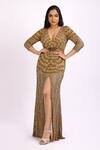 Buy Ambrosia Gold V Neck Embroidered Gown at Aza Fashions Buy_Ambrosia_Gold V Neck Embroidered Gown_at_Aza_Fashions