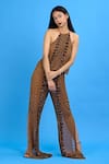 Buy_Ambrosia_Brown Embroidery Halter Neck Jumpsuit _Online_at_Aza_Fashions