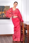 Buy_Prints by Radhika_Red Organza Embroidery Square Neck Saree With Printed Blouse _at_Aza_Fashions