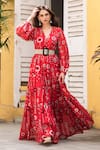 Shop_Payal Pratap_Red Cotton Silk V Neck Printed Tiered Maxi Dress  _at_Aza_Fashions