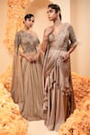 Adi By Aditya Khandelwl_Beige Tissue Georgette Embroidery Sequin Round Split Sleeve Bodice Gown _at_Aza_Fashions