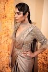 Shop_Adi By Aditya Khandelwl_Beige Blouse Net Embroidery Crystals Deep V Double Palla Pre-draped Saree Set _Online_at_Aza_Fashions