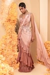 Shop_Adi By Aditya Khandelwl_Pink Bodice Net Embroidery Crystals V Neck Asymmetric Ruffle Saree Gown _Online_at_Aza_Fashions