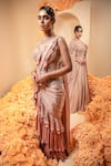 Adi By Aditya Khandelwl_Pink Bodice Net Embroidery Crystals V Neck Asymmetric Ruffle Saree Gown _at_Aza_Fashions