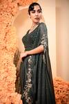 Adi By Aditya Khandelwl_Blue Net, Satin Sequins, Beads V-neck Embroidered Cape And Draped Skirt Set _at_Aza_Fashions
