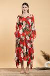 Shop_Divi By Sonal Khandelwal_Red Bamboo V-neck Wild Rose Print Kaftan _Online_at_Aza_Fashions